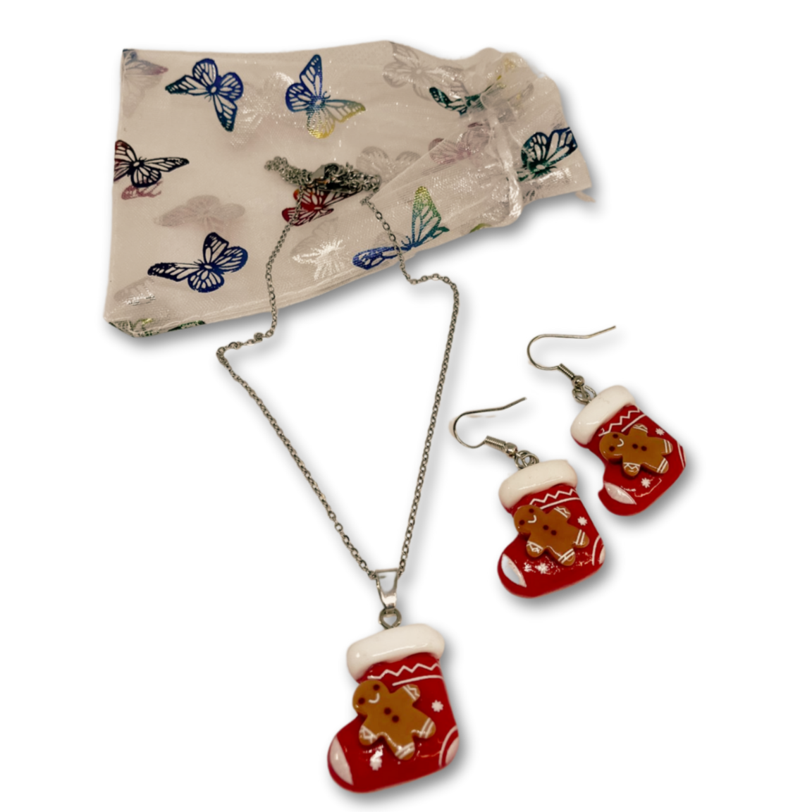 Christmas themed necklace with matching earrings and gift bag. 