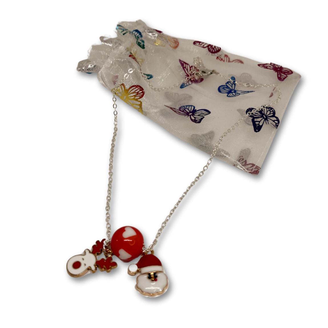 Christmas necklace, gift bag.