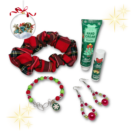 Christmas gift set featuring a red and green bracelet, matching earrings, a plaid scrunchie, hand cream, and lip balm.