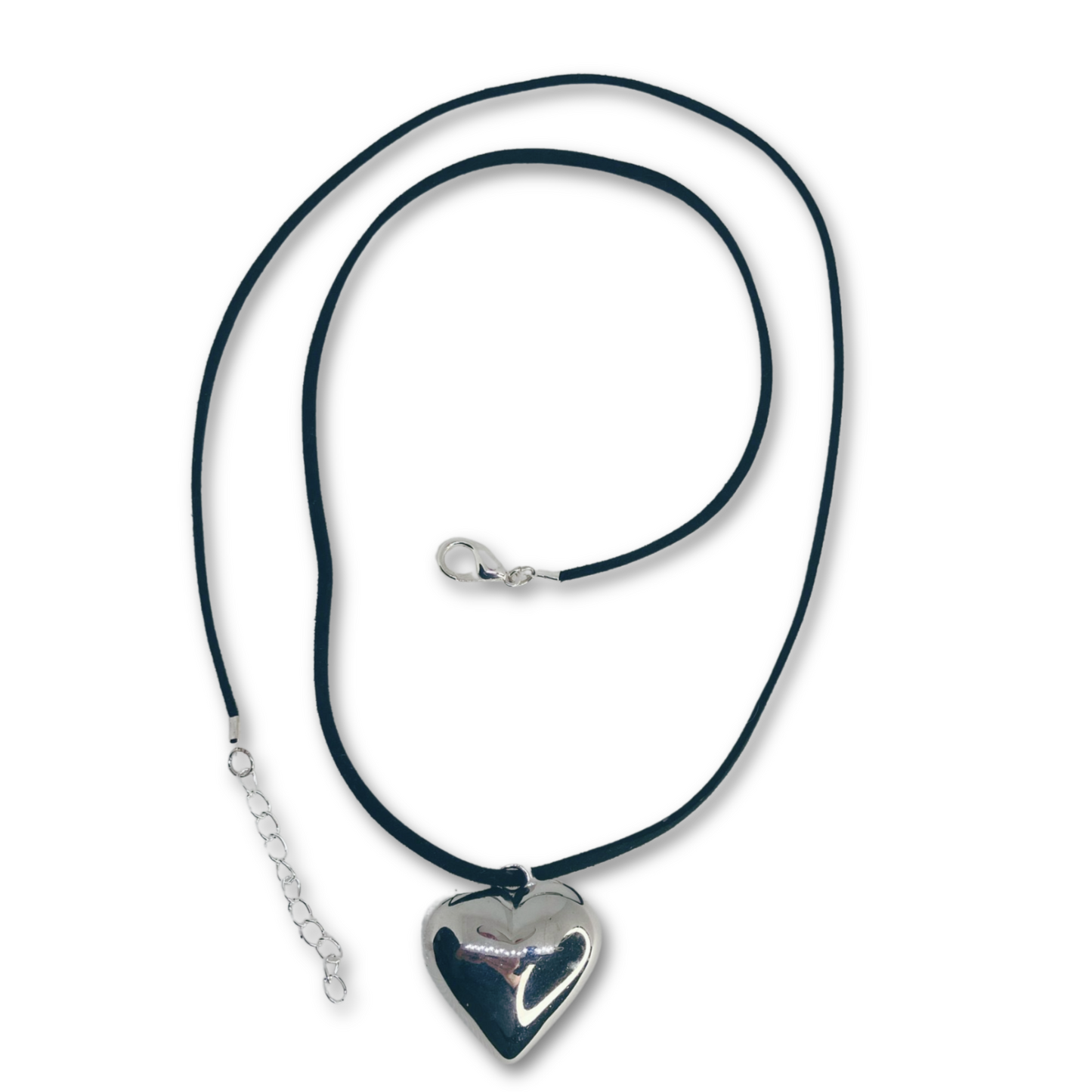 Silver-toned heart pendant with a mirror finish, soft black suede cord with extender chain.