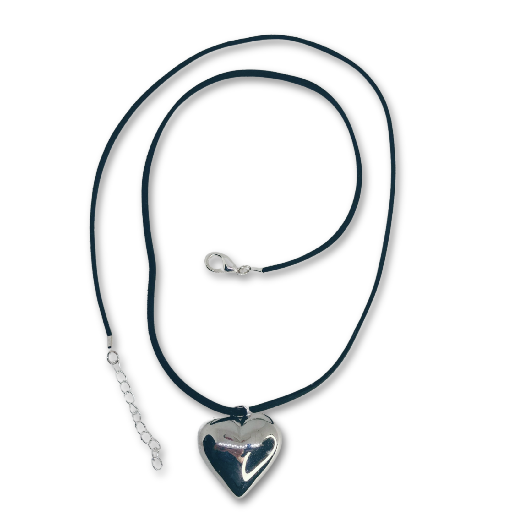 Silver-toned heart pendant with a mirror finish, soft black suede cord with extender chain.