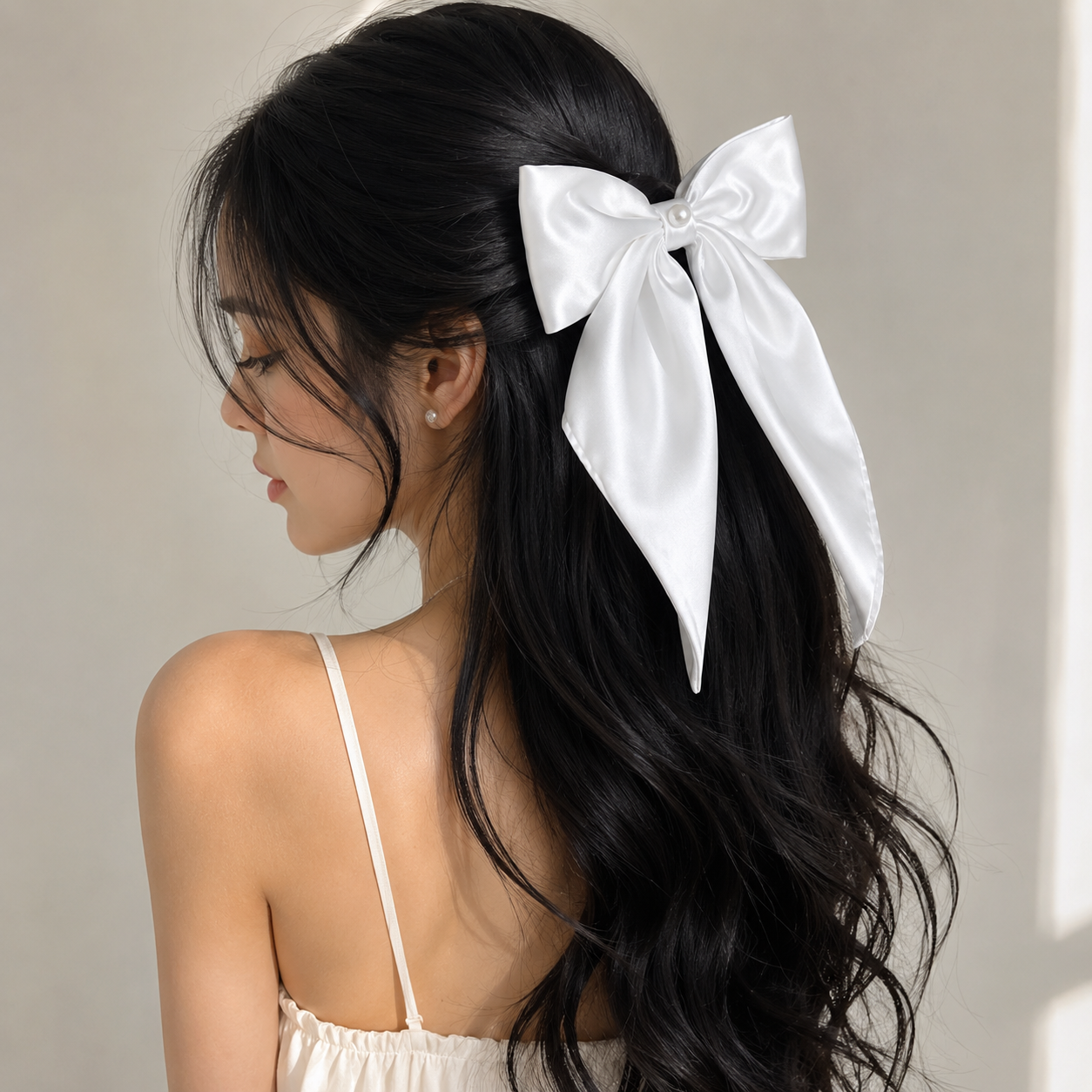 White satin hair bow, clip on