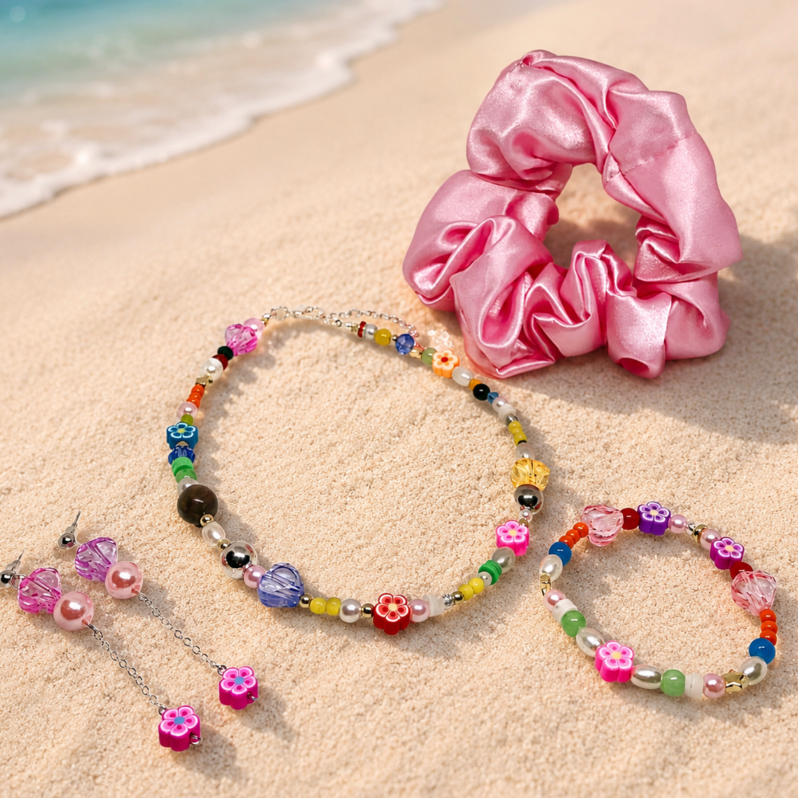 This set includes: Satin Pink Hair Scrunchie, Multi color Beaded Necklace, matching Bracelet and Dangling matching Earrings.