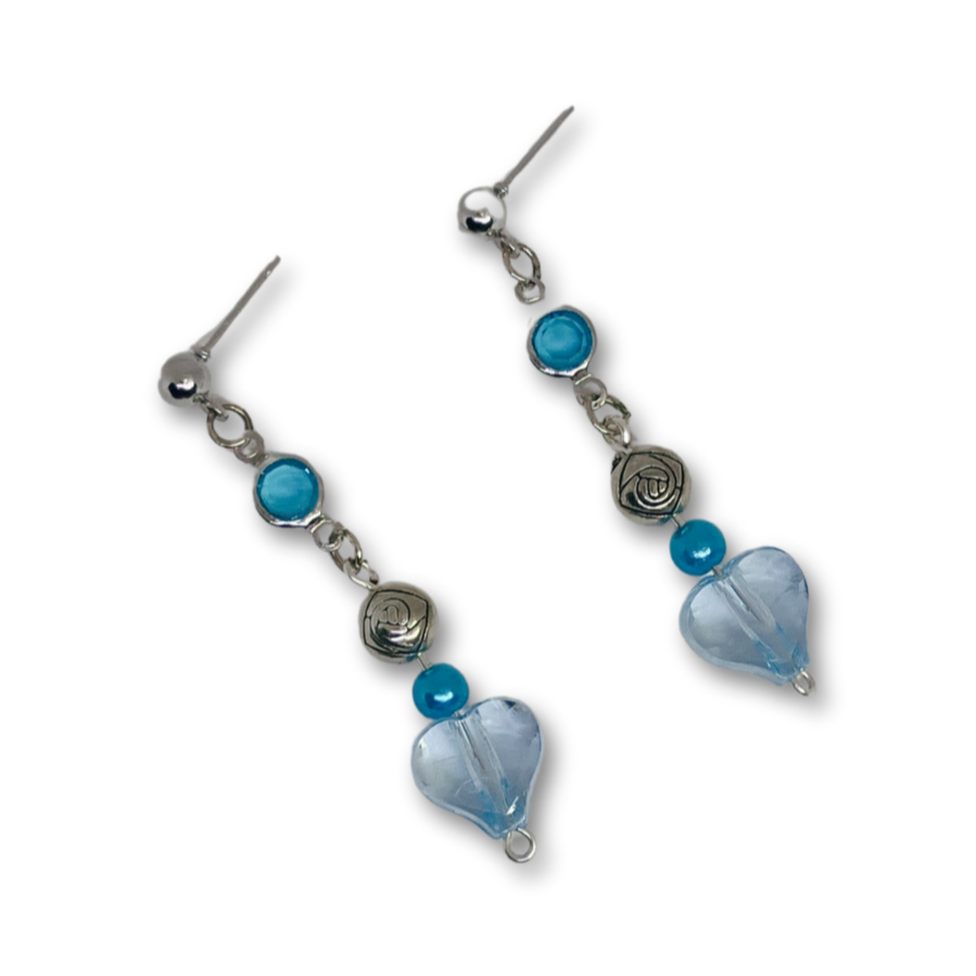 Blue heart dangling earrings.