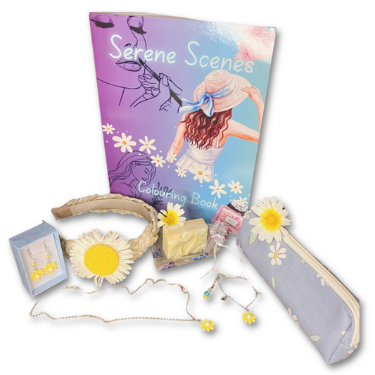 Coloring book, daisy headband, daisy earrings, daisy necklace, daisy bracelet, daisy-printed zip pouch, mini lemon soap.