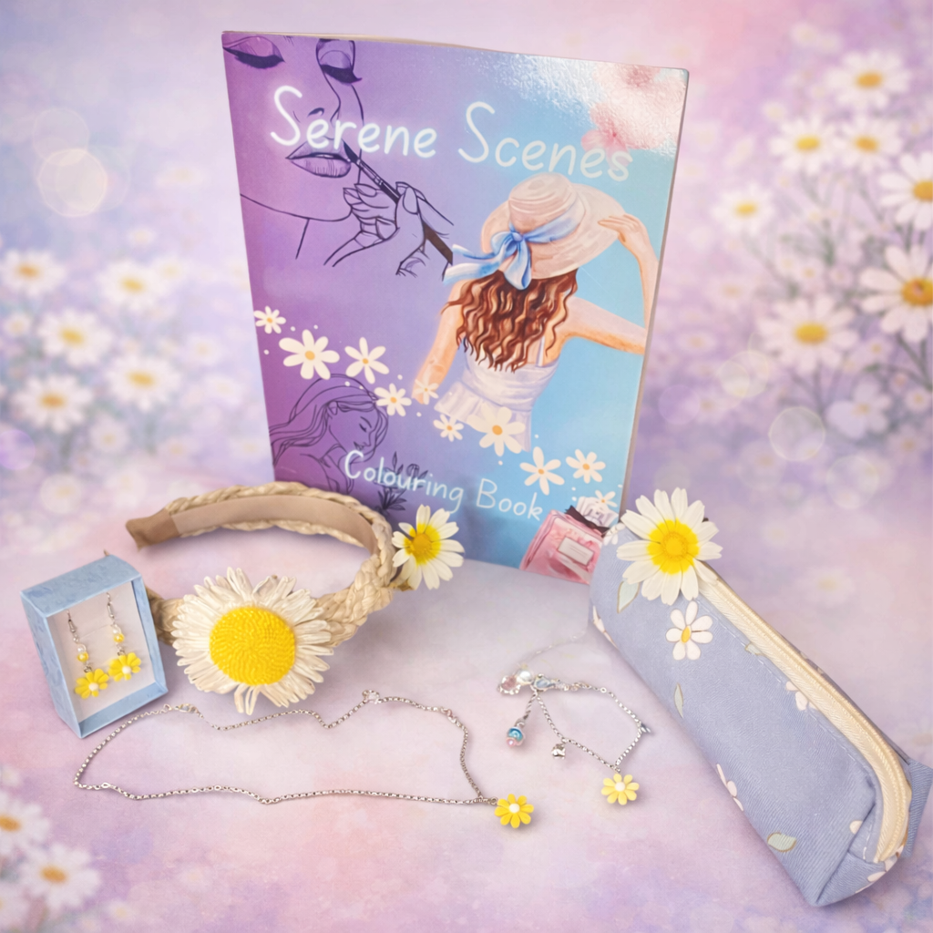 Coloring book, daisy headband, daisy earrings, daisy necklace, daisy bracelet, daisy-printed zip pouch.