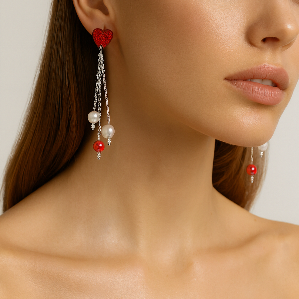 Dangling silver chain earrings with red and white pearls.