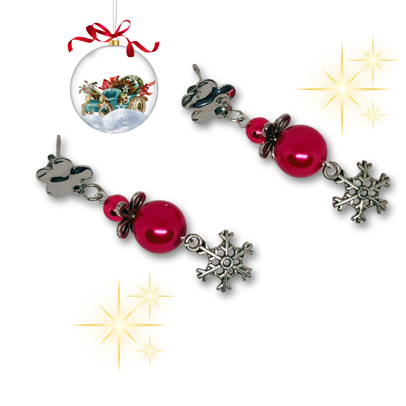 Christmas themed earrings with red beads and silver snowflake.