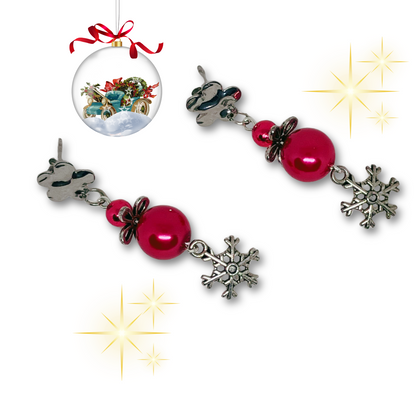 Christmas themed earrings with red beads and silver snowflake.