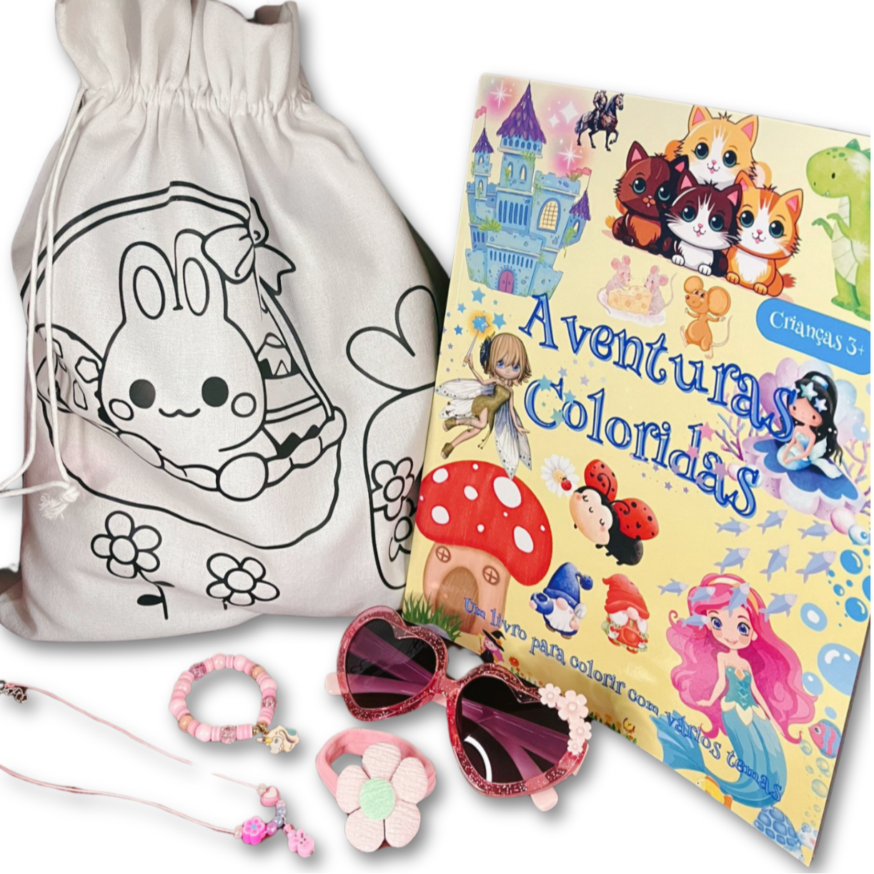 ✔️ Coloring & Activity Book – A magical coloring book featuring adorable fairy-tale characters, castles, and cute animals to inspire creativity.
✔️ DIY Bunny Gift Bag – Easter bunny gift bag with a cute black-and-white design, perfect for coloring and personalizing!
✔️ Jewelry Set – A charming pink bracelet, necklace set, ideal for little fashionistas and flower elastic for hair.
✔️ Heart-Shaped Sunglasses – Stylish pink kids sunglasses to add a fun, fashionable touch!