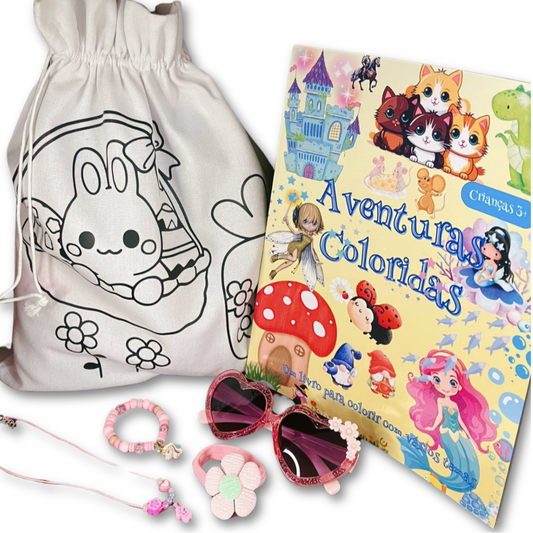 ✔️ Coloring & Activity Book – A magical coloring book featuring adorable fairy-tale characters, castles, and cute animals to inspire creativity.
✔️ DIY Bunny Gift Bag – Easter bunny gift bag with a cute black-and-white design, perfect for coloring and personalizing!
✔️ Jewelry Set – A charming pink bracelet, necklace set, ideal for little fashionistas and flower elastic for hair.
✔️ Heart-Shaped Sunglasses – Stylish pink kids sunglasses to add a fun, fashionable touch!