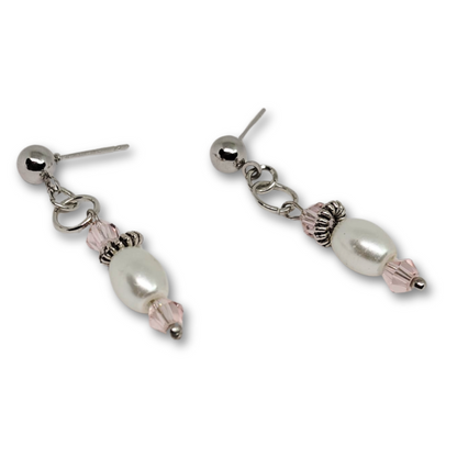 Earrings with imitation white pearls and pink glass beads.