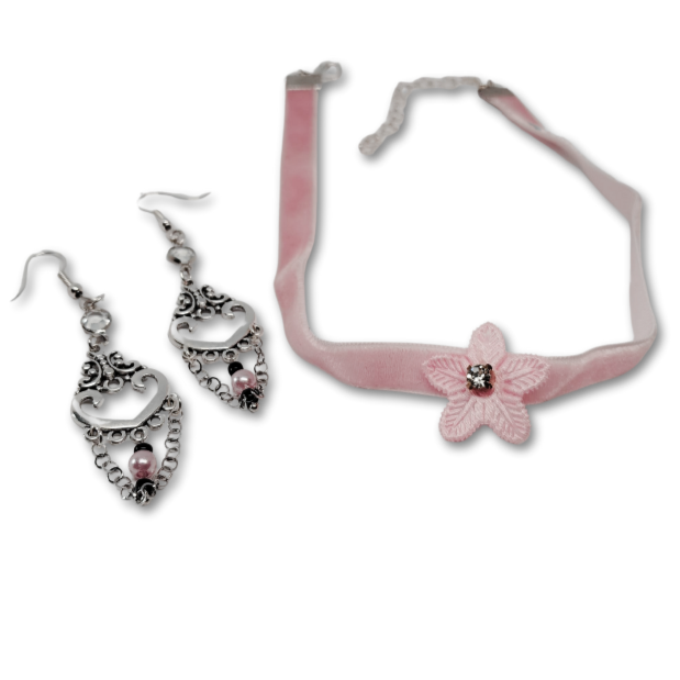 The Everyday Blossom gift set for women featuring Pink Floral Choker with Heart Shaped Earrings