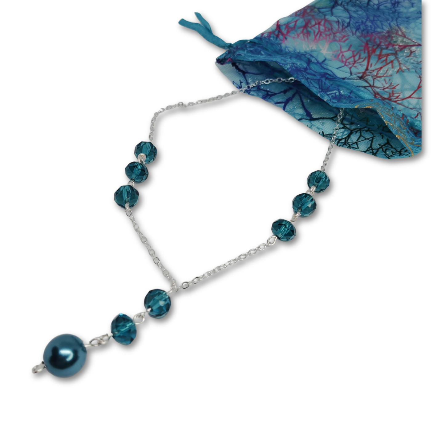 Silver necklace with imitation blue pearls. 