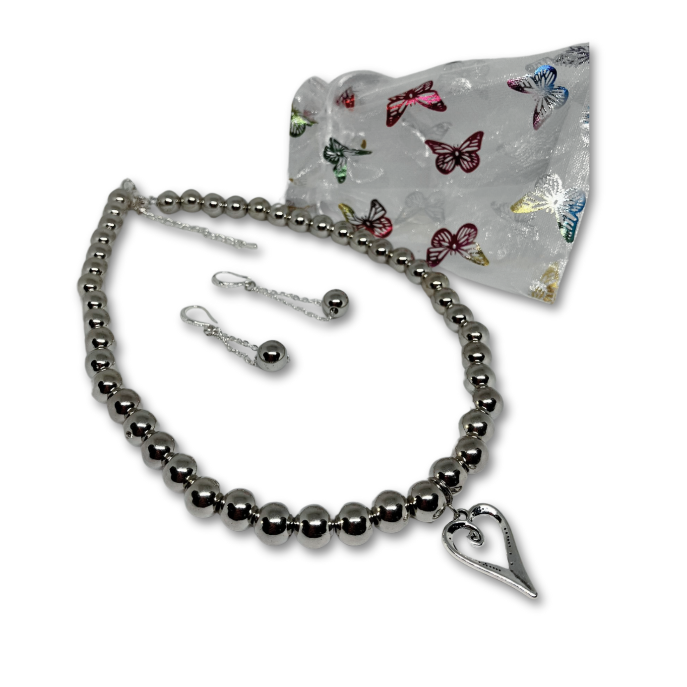 Silver pearls necklace with matching earrings and gift bag.