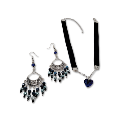 The Everyday Onyx gift set for women featuring Deep Blue Heart Pendant Choker with Silver beaded earrings