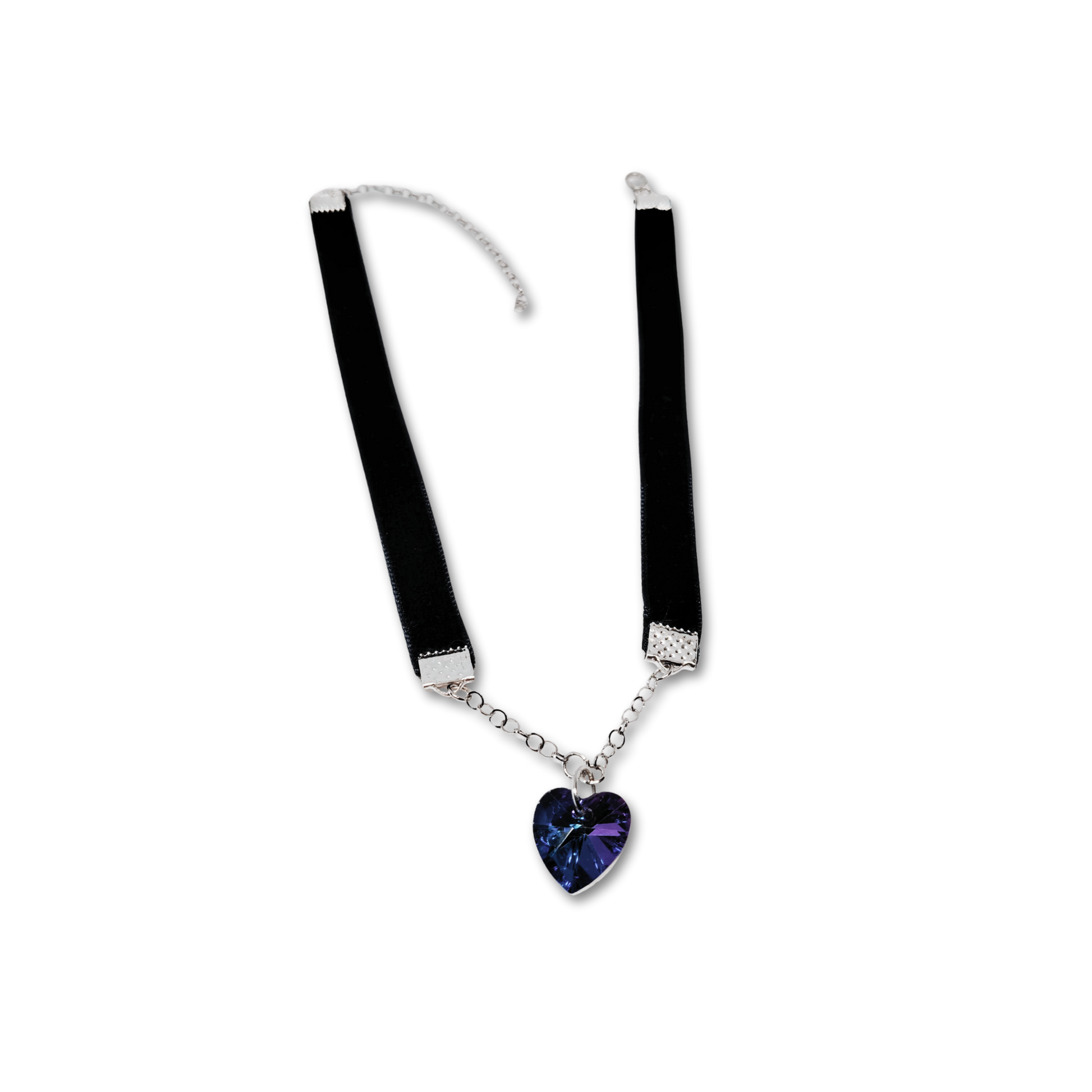 Deep Blue Heart Pendant Velvet Choker with black velvet strap and silver chain