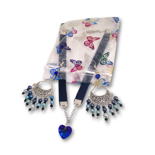 The Everyday Onyx gift set for women featuring Deep Blue Heart Pendant Choker with Silver beaded earrings inside a cute organza gift bag