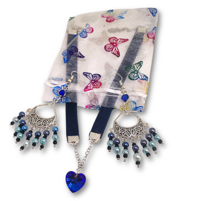 The Everyday Onyx gift set for women featuring Deep Blue Heart Pendant Choker with Silver beaded earrings inside a cute organza gift bag