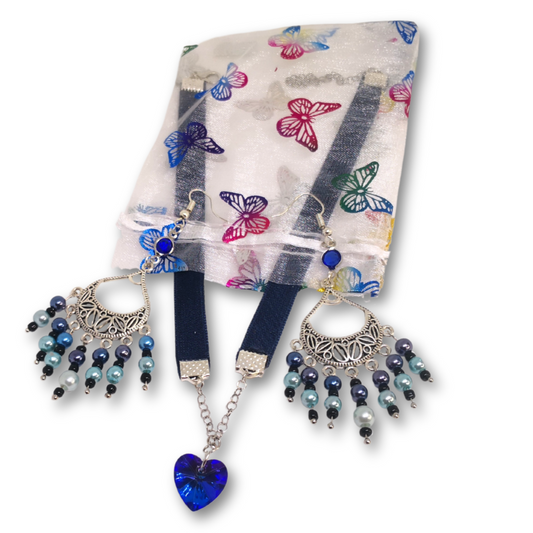 The Everyday Onyx gift set for women featuring Deep Blue Heart Pendant Choker with Silver beaded earrings inside a cute organza gift bag