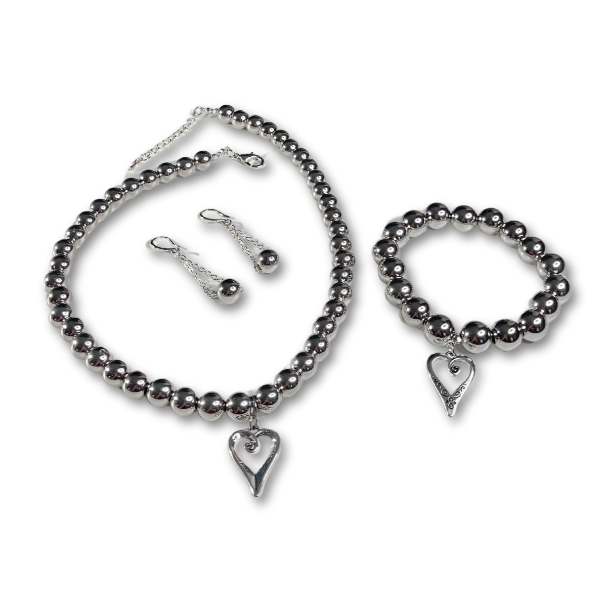 The Everyday Chic Silver set for women featuring silver pearls necklace, matching bracelet and earrings inside organza gift bag.