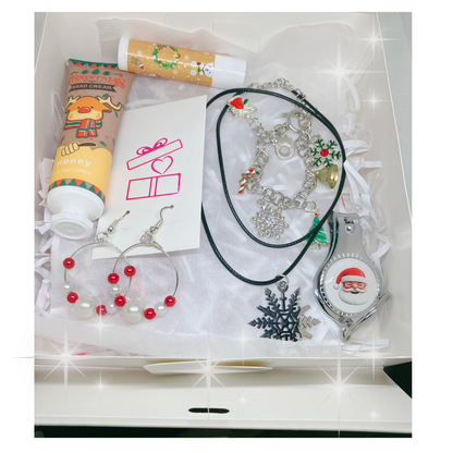Gift box with honey hand cream, honey lip balm, earrings, necklace, bracelet and nail clipper/bottle opener.