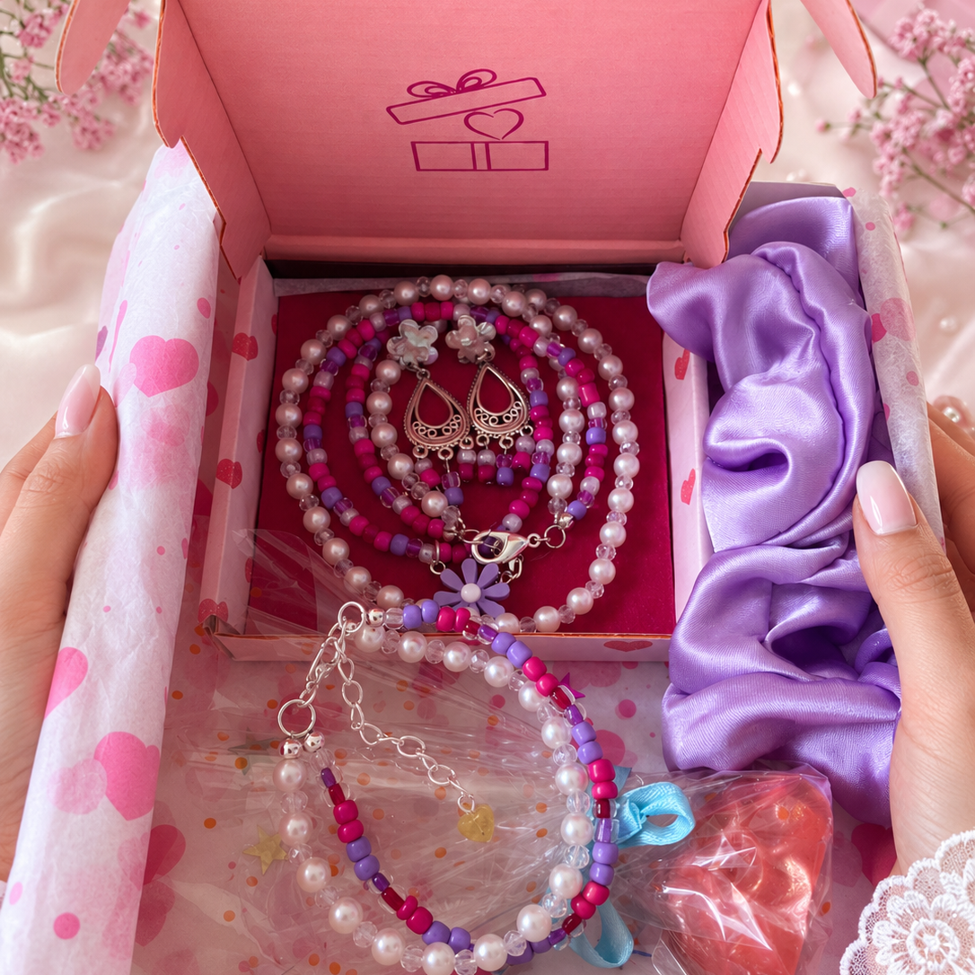Gift box with jewelry, purple satin hair scrunchie and free gift
