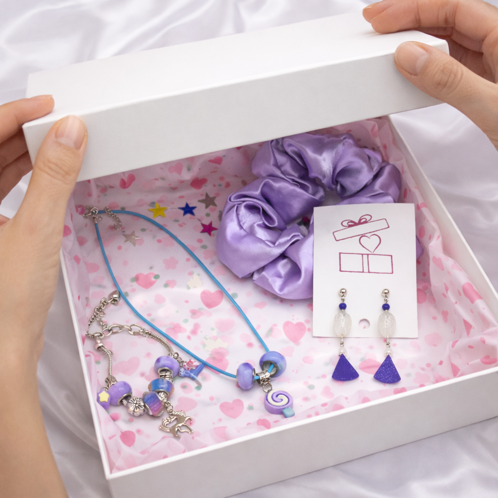 Set of purple jewelry including a scrunchie, necklace, and earrings in a gift box.