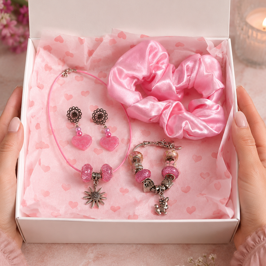 Pink jewelry set with bracelet, earrings, and scrunchie in a gift box.