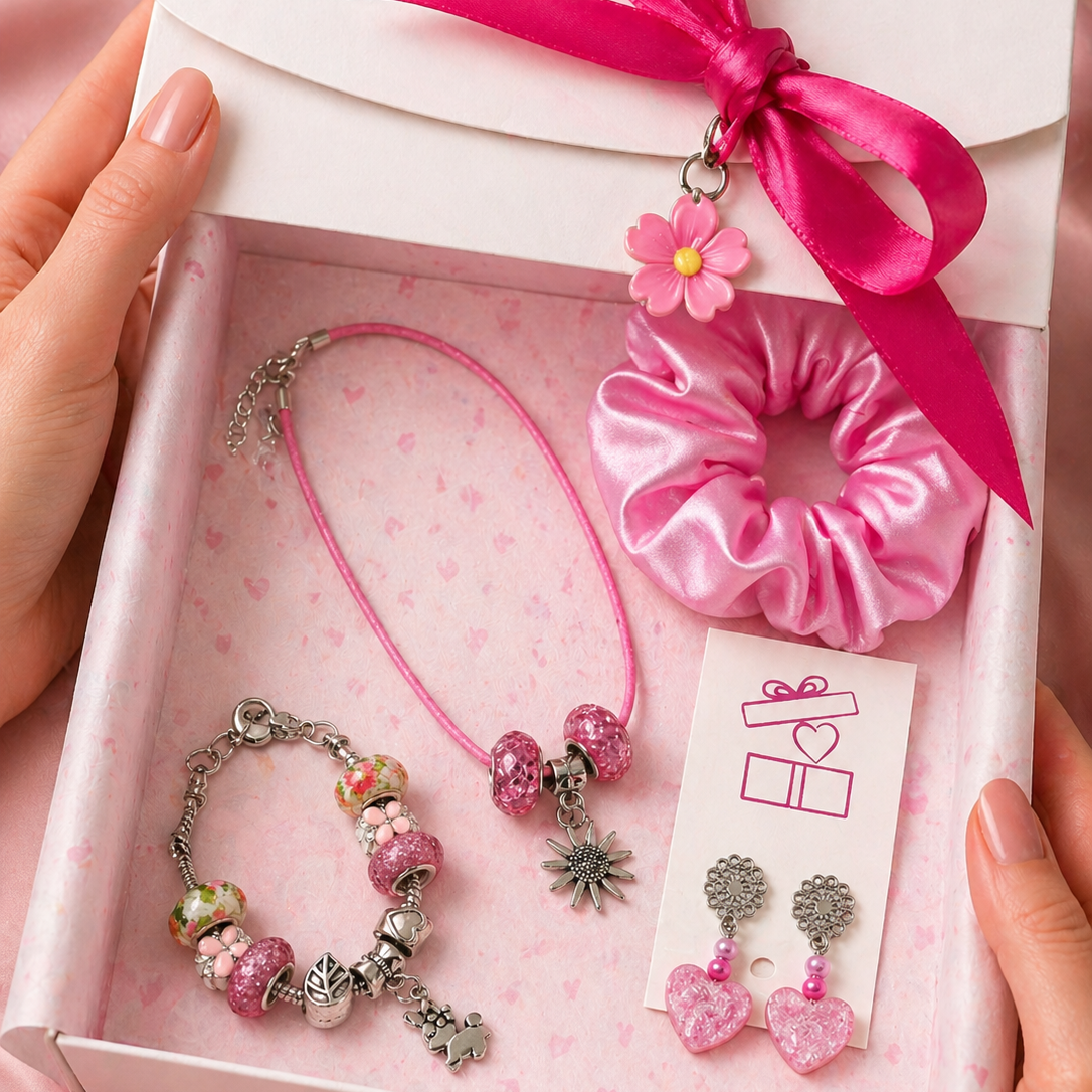 Pink jewelry set with bracelet, earrings, and scrunchie in a gift box on a pink background