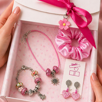 Pink jewelry set with bracelet, earrings, and scrunchie in a gift box on a pink background