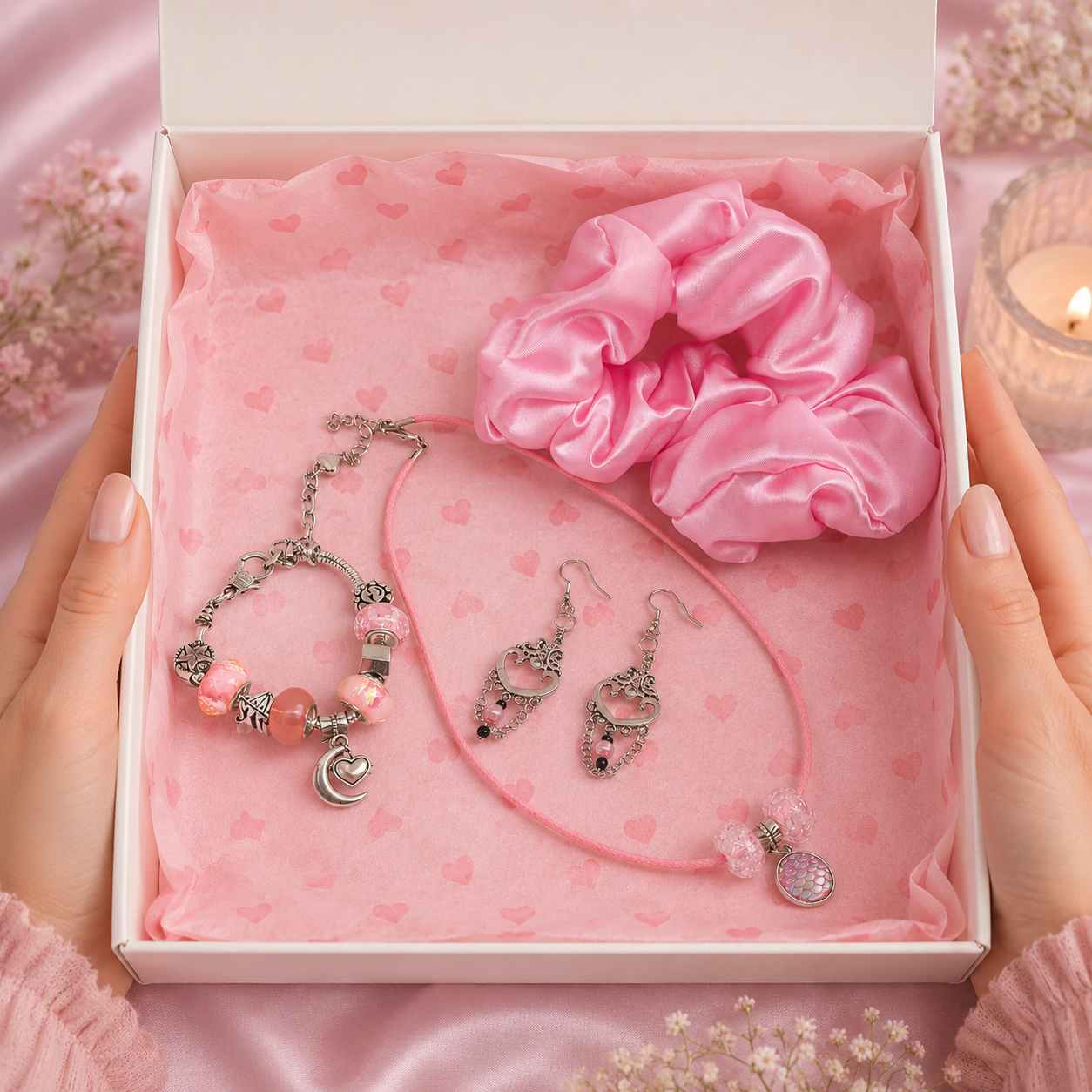 Set of jewelry including a bracelet, earrings, and scrunchie in a gift box with a pink ribbon.