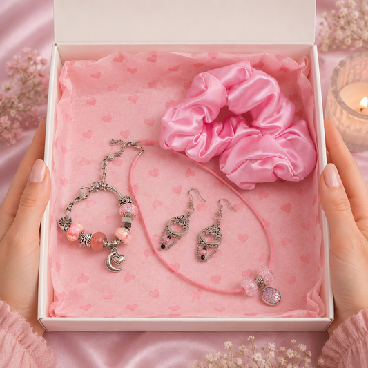 Set of jewelry including a bracelet, earrings, and scrunchie in a gift box with a pink ribbon.