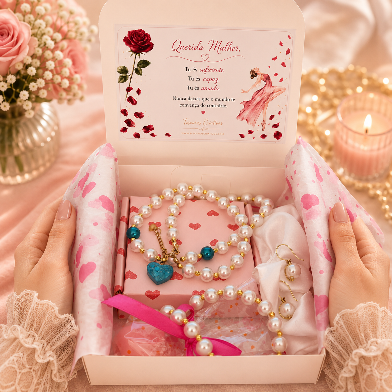 Jewelry set with pearl necklace, bracelet, earrings, and scrunchie in a gift box.