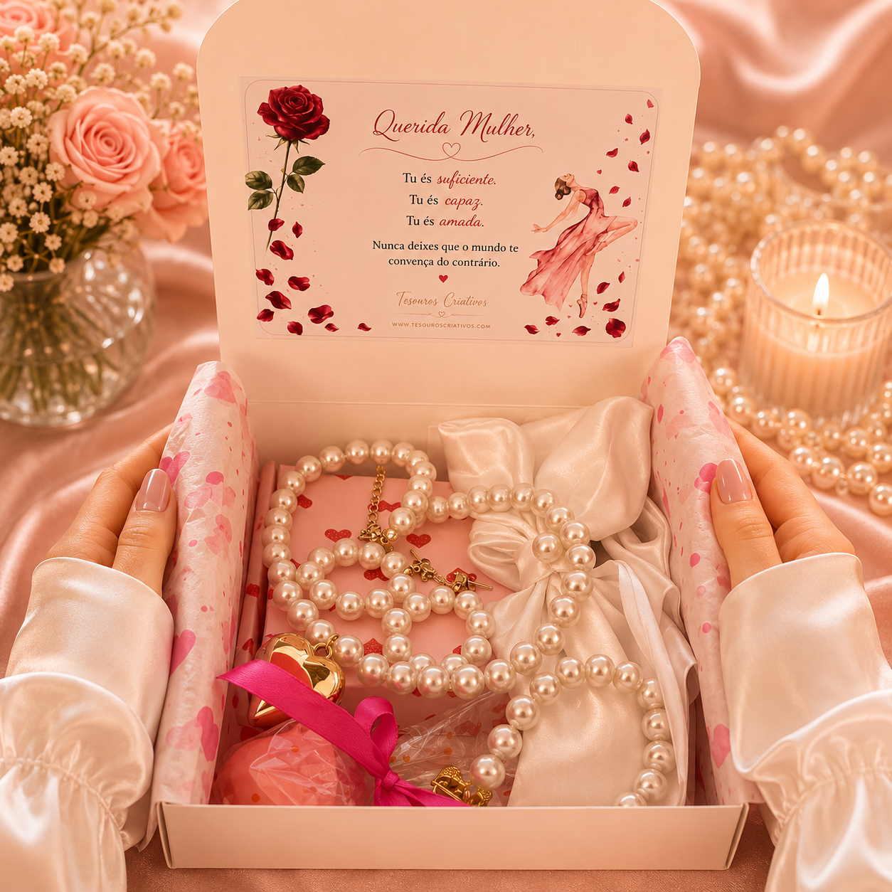 White gift box with jewelry and white satin hair bow and free gift.