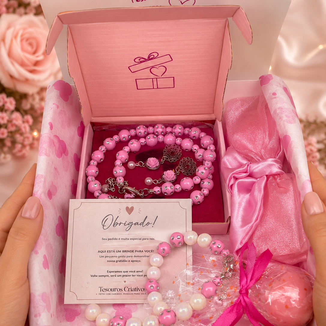 A gift box, filled with pink and white beaded jewelry, a pink satin ribbon and free gift