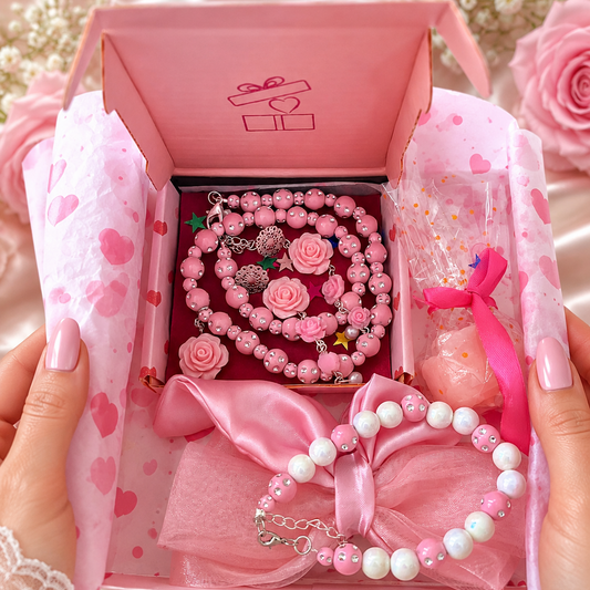 White gift box with jewelry, pink satin, organza hair bow and free gift
