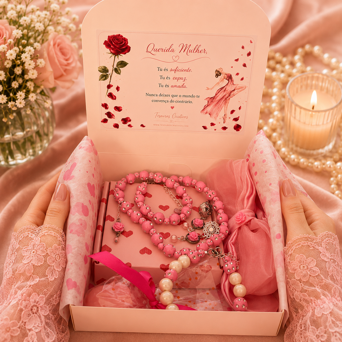 A gift box, filled with pink and white beaded jewelry, a pink satin ribbon and free gift