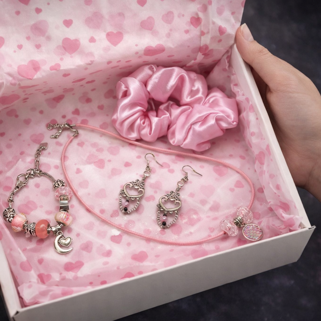 Gift box with jewelry and satin hair scrunchie