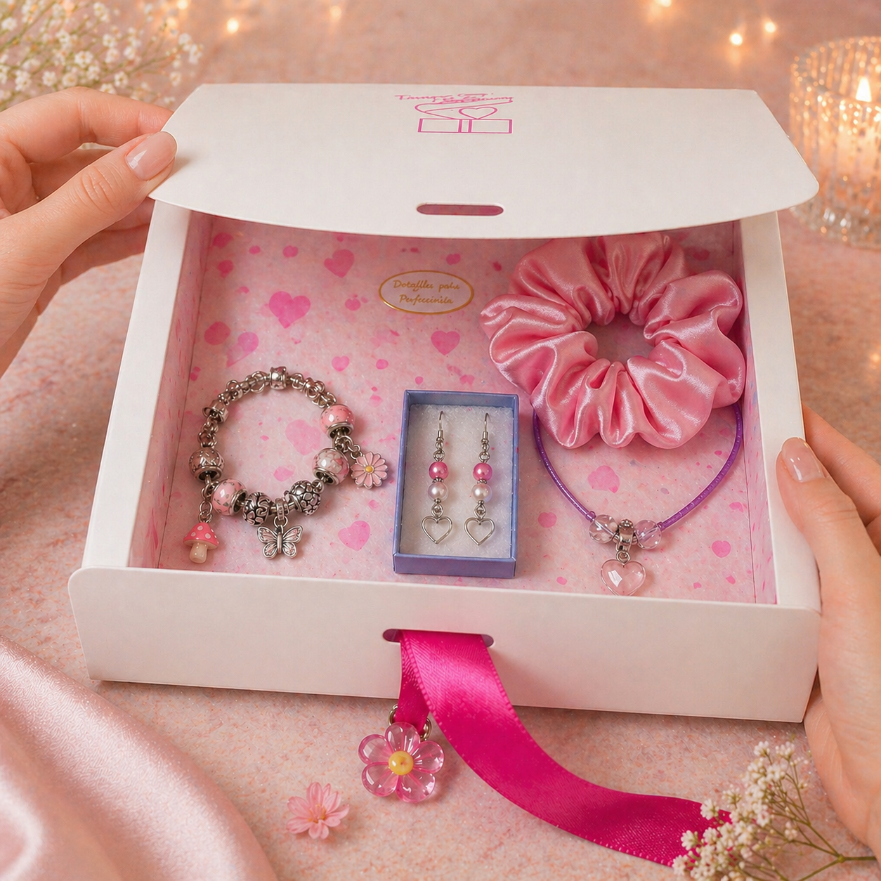 Gift set with bracelet, earrings, and scrunchie in a decorative box on a pink background.