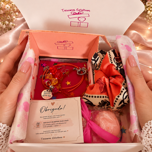 Set of jewelry including a scrunchie, necklace, and earrings in a white box.