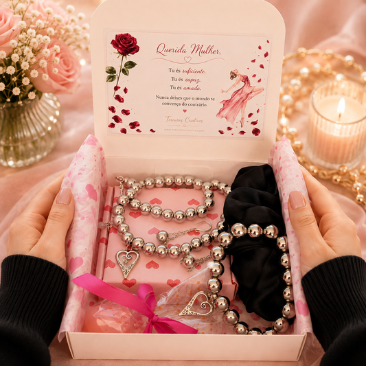 White gift box with jewelry, black hair scrunchie and free gift.