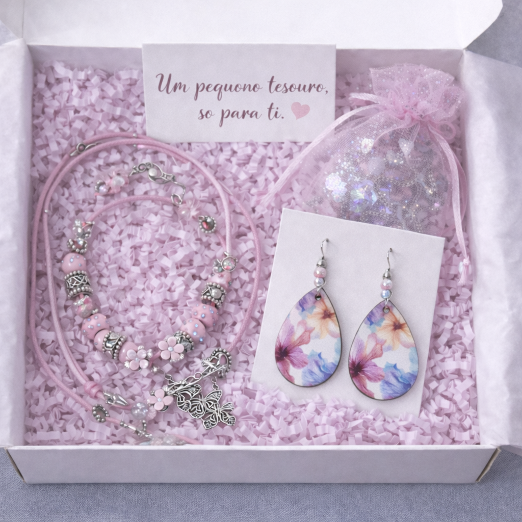 Jewelry set with floral earrings and necklaces in a decorative box.
