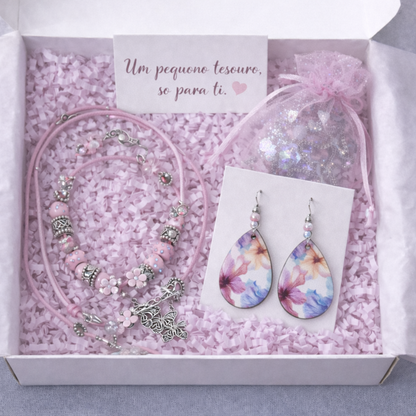 Jewelry set with floral earrings and necklaces in a decorative box.