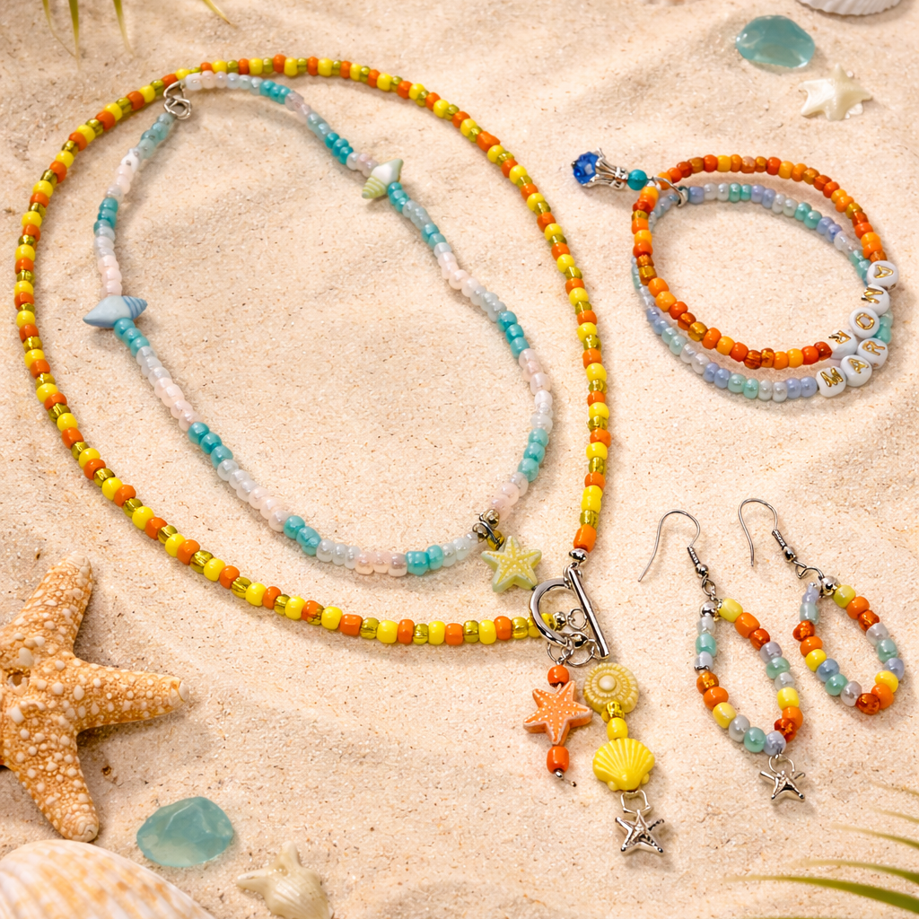 This set consists of two glass beads necklace, two bracelets, matching loop earrings and gift bag.

Este conjunto é composto por dois colares de contas de vidro, duas pulseiras, brincos de argola a condizer e um saco de oferta.