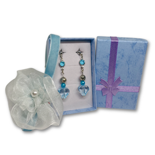 Crystal Sky gift set includes blue velvet choker with organza flower and matching earrings.