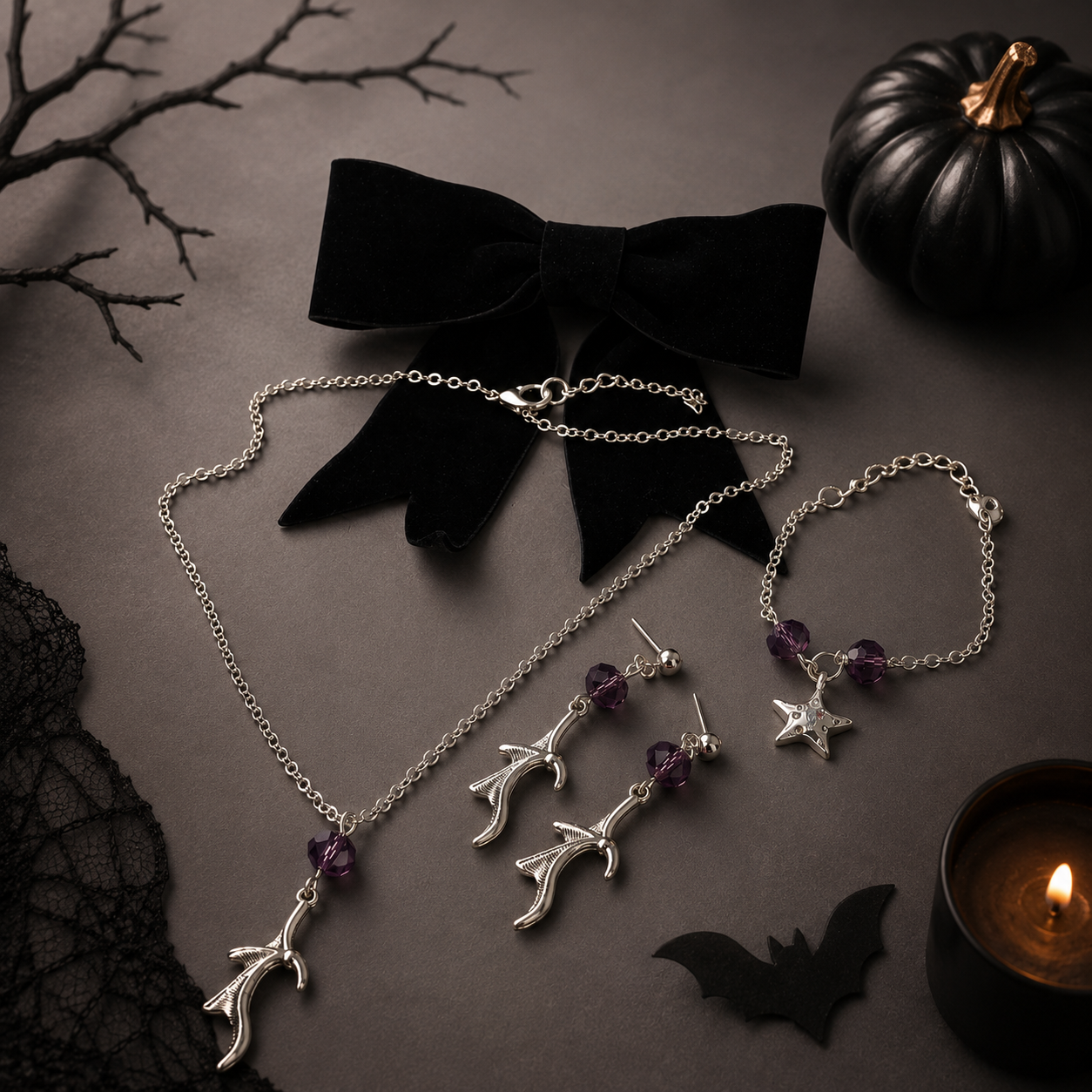 A gothic jewelry set featuring a silver branch necklace, matching star and branch drop earrings, and a bracelet, styled with a black velvet bow.