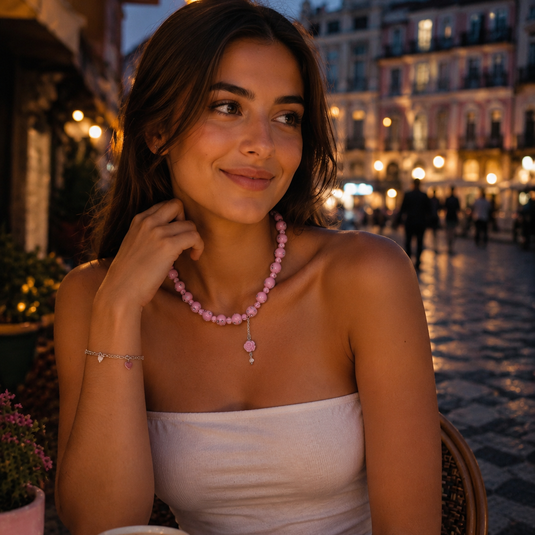pink beaded necklace with a rose pendant.