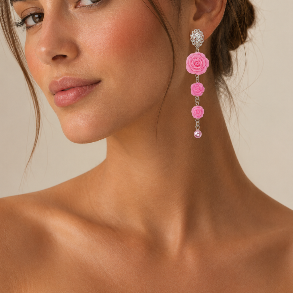 Pink roses dangling earrings