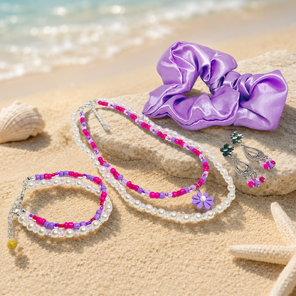 Gift set for women, beaded necklaces, matching bracelets and earrings, and purple satin hair scrunchie.